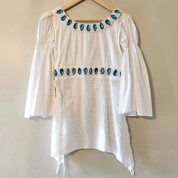 TAJ By Sabrina Crippa Handmade Beaded Bohemian Bell Sleeve Cotton Tunic Blouse S - Picture 10 of 14